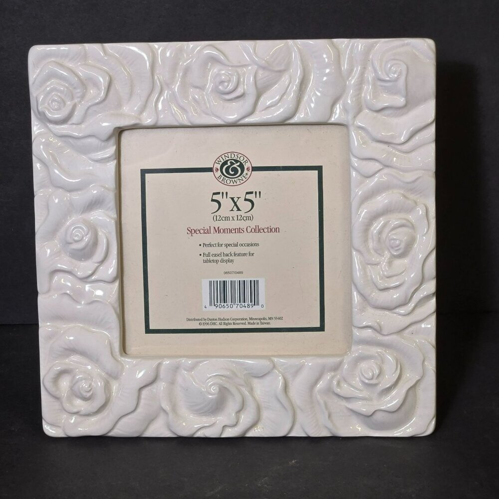 White Ceramic 5"x5" Picture Frame Raised Relief Rose Design By Windsor Browne